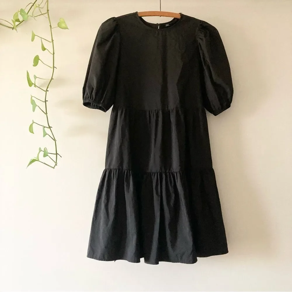 Zara Black Tiered Poplin Open Back‎ Mini Dress XS